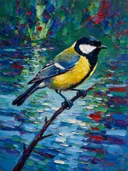 Koolmees aan een tak in petrol, schilderij van koolmees aan een tak, met het paletmes geschilderd