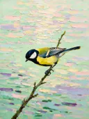 Koolmees aan een tak, schilderij van koolmees aan een tak, met het paletmes geschilderd