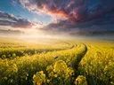 Landschapsfoto van koolzaad bij de ochtendmist, met een bij tussen de bloemen
