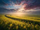 Landschapsfoto van koolzaad bij de ochtendmist