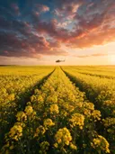 Landschapsfoto van koolzaad bij het gouden uur, met een helikopter boven de horizon