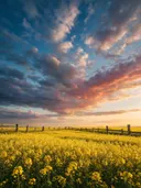 Landschapsfoto van koolzaad bij het gouden uur, met een houten hek
