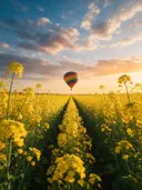 Landschapsfoto van koolzaad bij het gouden uur, met een luchtballon boven de horizon