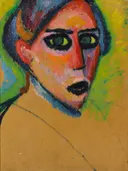 Kop van Alexej von Jawlensky: portret met gezicht, vrouw, expressionistisch en ogen, in fel rood blauw en groen