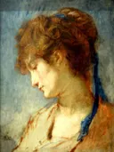 Kop van een vrouw met een blauw lint van Thomas Couture: portret met vrouwen en lint