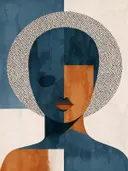 Kop voor een cirkel in leiblauw, mid-century modern schilderij