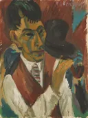 Kopf mit Pfeife, 1913, 4671, Gordon 296 van Ernst Ludwig Kirchner: portret met man, pijp, hoed en kleurvlakken, in oranje met groen en zwart
