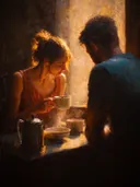 Koppel dat koffie drinkt bij het raam, olieverfschilderij