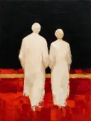 Koppel van de rug, olieverf in donker vuurrood, schilderachtig olieverf schilderij, koppel van de rug