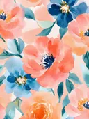Aquarel schilderij van koraalkleurige en blauwe bloemen met groene bladeren