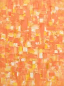 Abstract schilderij met het paletmes in koraal en citroengeel