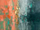 Abstract schilderij met het paletmes in koraal en jade