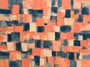 Koraal en pruisisch blauw als een muur van stenen, abstract schilderij met het paletmes