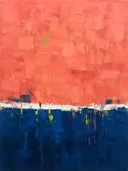Koraal en pruisisch blauw van onderaf, abstract schilderij met het paletmes
