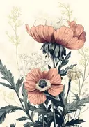 Botanische illustratie van een koraalkleurige pioenroos