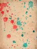 Abstract schilderij met verspreide inktspetters in koraalrood en turquoise op beige achtergrond