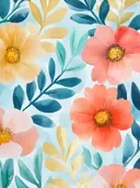 Aquarel schilderij van koraalroze bloemen met gouden bladeren op een lichtblauwe achtergrond