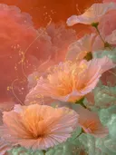 Schilderij van koraalkleurige bloemen tegen een dramatische rode hemel