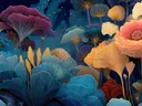Schilderij van kleurrijke waaiervormige fantasiebloemen in een diepzee-achtige omgeving