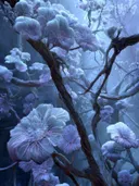 Schilderij van een pastelkleurig koraalbos met bloesembomen