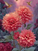 Schilderij van koraalkleurige dahlia's met kolibries bij roze bergen