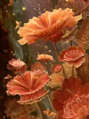 Schilderij van koraalkleurige bloemen met vlinders in een schemerig bos