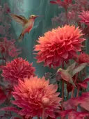 Schilderij van koraalrode dahlia's met een kolibrie in een nevelig bos