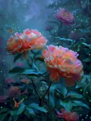 Schilderij van koraalkleurige pioenen in een turquoise toverbos met vlinders