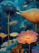 Schilderij van koraalvormige bloemen onder water met zwemmende visjes