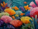 Schilderij van een koraalrif met kleine oranje tropische vissen