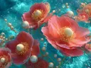 Schilderij van koraalrode bloemen met parels in turkoois water