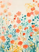 Aquarel met koraalrode en perzikkleurige wilde bloemen tussen turquoise grassen op een lichte achtergrond