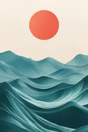 Abstract schilderij met een koraalrode zon boven golvende turquoise berglijnen