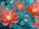 Schilderij van koraalroze bloemen met gouden meeldraden onder water