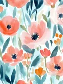Aquarel schilderij van koraalroze bloemen met groene bladeren op een mintgroene achtergrond