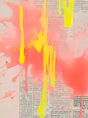 Abstract schilderij met koraalroze achtergrond en gele verfdruppels op krantenpapier