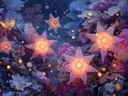 Schilderij van roze gloeiende sterbloemen in een koraaltuin