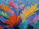Abstract schilderij van een kleurrijke koraaltuin onder water