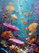 Schilderij van een close-up koraalrif in roze en magenta tinten