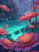 Schilderij van koraalkleurige fantasiebloemen in een onderwaterbaai