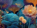 Schilderij van een perzikkleurige bloem tussen koraalachtige fantasiebloesems