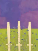 Schilderij van korenbloemenveld in violet en limoen, in vlakke kleurvlakken
