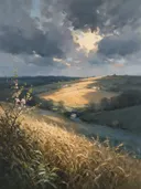 Landschapsschilderij, korenveld in de wind in bloesemtijd