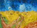 Korenveld met kraaien van Vincent van Gogh: landschap met korenveld, kraaien, wolken en pad, in goudgeel met diep blauw