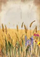 Schilderij van een korenveld met paarse veldbloemen