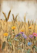 Schilderij van een korenveld met wilde bloemen