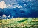 Korenveld onder onweerslucht van Vincent van Gogh: landschap met korenveld, onweer, wolken en vlakte, in diepblauw met groen