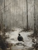 Schilderij van een zwarte vogel in een mistig bos.