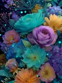 Schilderij van een turkoois en paars bloemboeket met glinsterende lichtjes