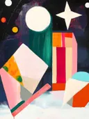 Surrealistisch schilderij met manen, ster en kleurblokken op zwart